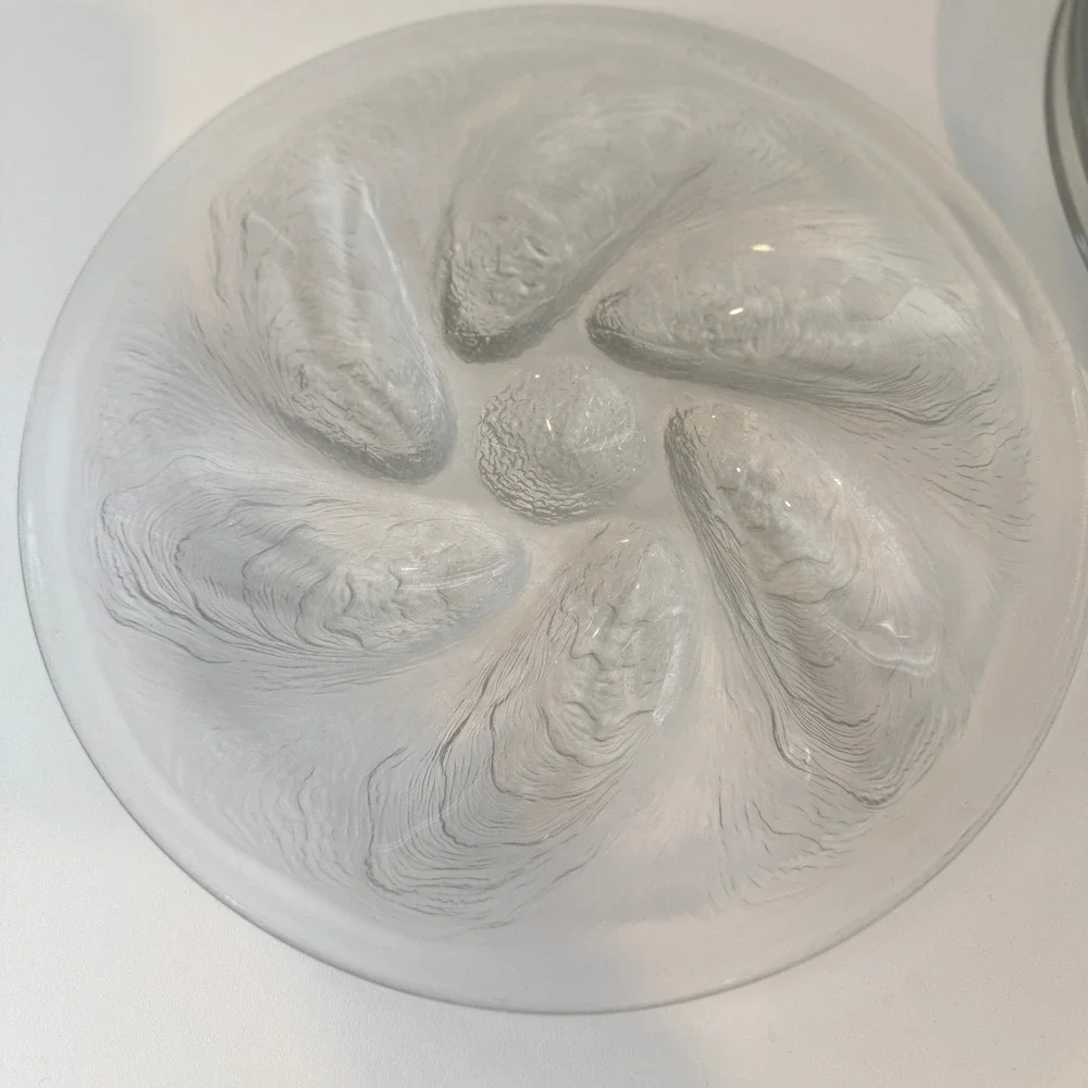 Set of 5 Vintage Clear Glass Oyster Plates Embossed Shell Design Coastal Decor